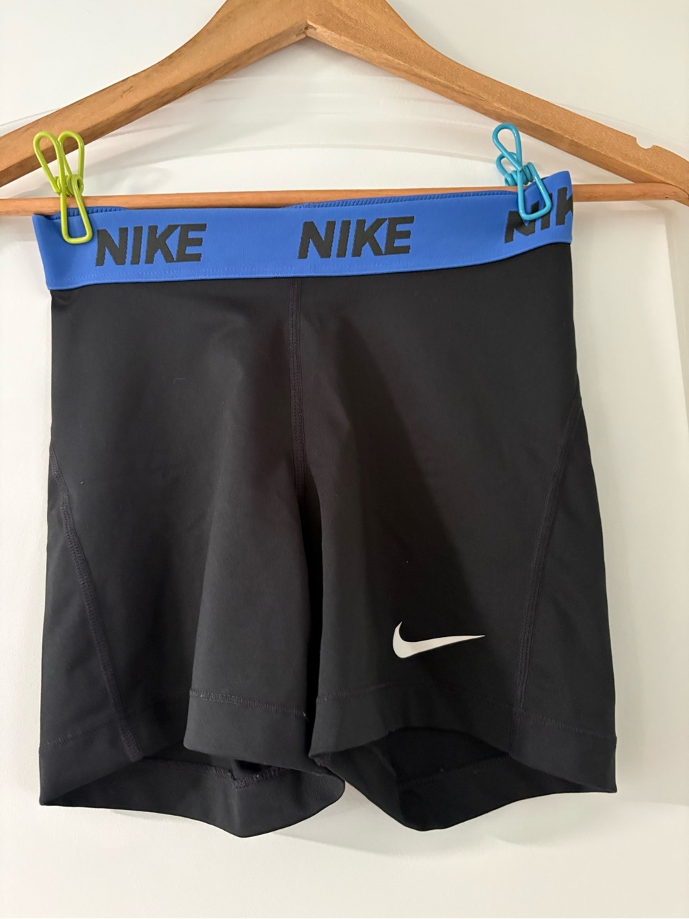 Nike Women's Black Bike Shorts with Blue Logo Waistband